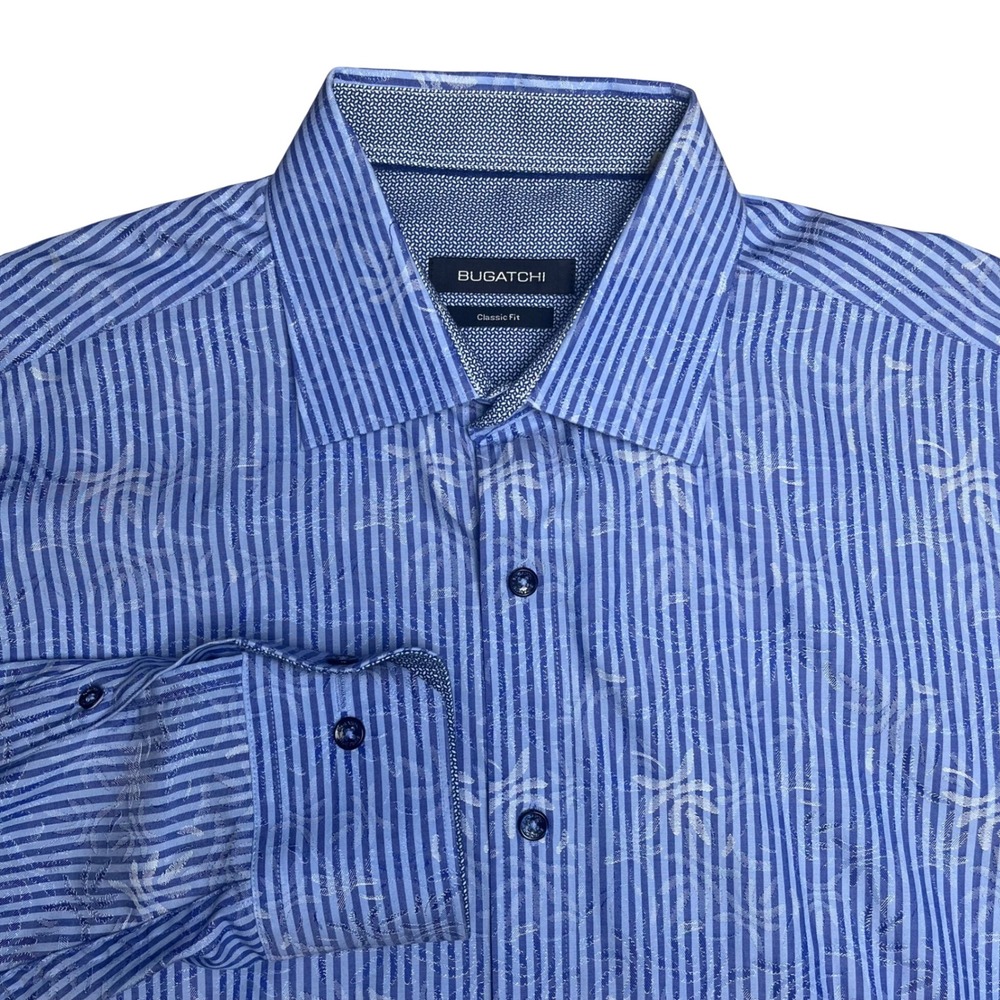 Bugatchi Button Down Shirt Mens Medium Blue Striped Jacquard Classic Fit LS - Picture 2 of 8